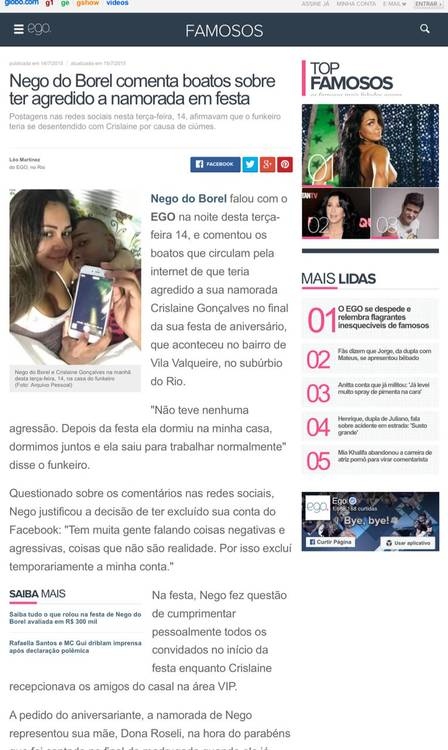 Notcia do site Ego de 2015