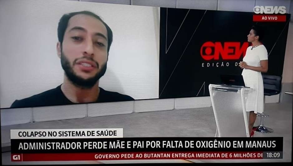 Homem que perdeu pai e me sem oxignio chora na GloboNews