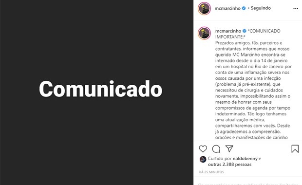 MC Marcinho est internado com inflamao severa nos ossos Foto ReproduoInstagram